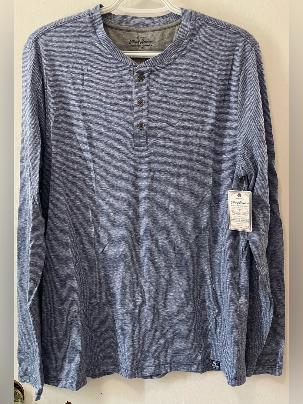 Flag & Anthem Men’s Blue Henley Long Sleeve Pullover Striped Shirt Size Medium M